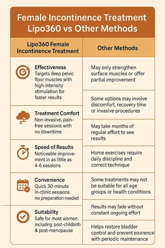 Table showing benefits of incontinence treatment Bexleyhill